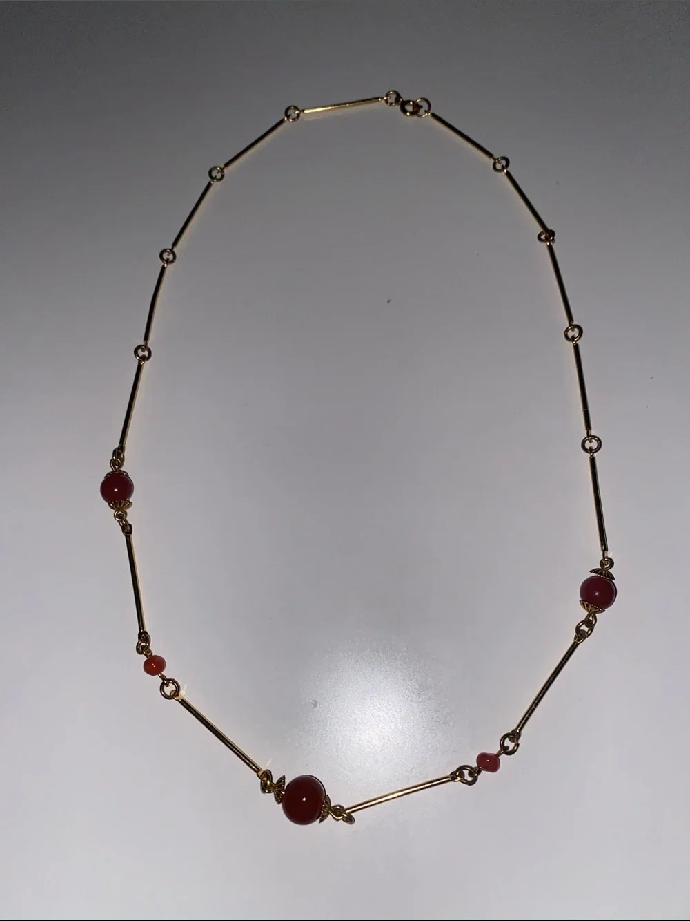 Gold Chain Necklace with Reddish Pink Stone Accents